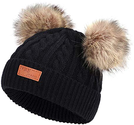 Amorar Baby Mütze Wintermütze Junge Mädchen Nette Strickmütze Kleinkind Wendemütze Jersey Beanie Warmer Earflap-Hut mit Doppelt Bommel Neugeborenes Baggy Warm Wollmütze