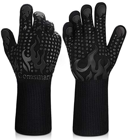 Guantes de Barbacoa, Resistentes al Calor, Guantes de Silicona Antideslizantes para Horno, Guantes Largos de Cocina para Barbacoa, cocinar, Hornear, soldar, Cortar (Negro)