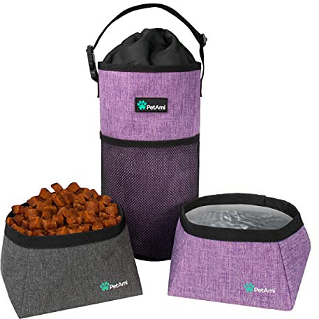 PetAmi Travel Dog Food & Water Bowls Set, Collapsible Dog Kibble Bag, Cat-Friendly, Foldable Waterproof Camping Bowls for Hiking, Purple & Gray