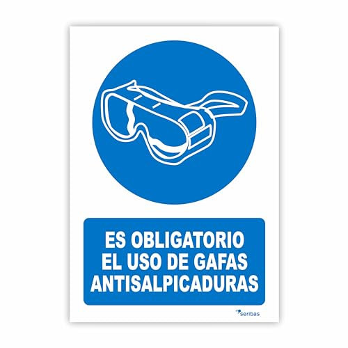 Seribas Señal Uso Obligatorio de Gafas Antisalpicaduras, Cartel PVC 0,7 mm. Tamaño 21 x 30 cm, Homologada, Señal Obligación. Tinta y Material Resistente