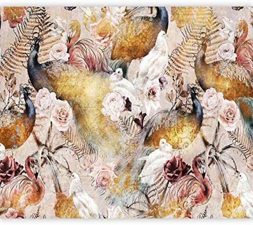 murando Fototapete selbstklebend Blumen 441x315cm Foto Tapete Tapetenfolie Möbelfolie Wandverkleidung Wandtapete Motivtapeten Bildtapete Schlafzimmer 3d Effekt Pfau Tier Farn Vintage Retro bunt