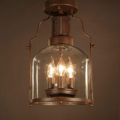 Industrielampe Deckenlampe Vintage Rostig Industrielle, Deckenleuchte Retro Eisen, Rustikal Metall Loft Kronleuchter, Rund Glas Schirm, Bürolamp, Küchenlampe, Korridor Balkon Flur Bar Leuchte 22x40cm