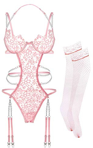Frauen Dessous Set Spitze Teddy Strap Kette Babydoll Bodysuit mit Strumpfgürtel, Rose, 36