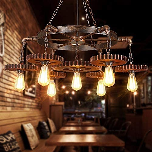 Pendelleuchte Schmiedeeisen Retro Kronleuchter Industrial Vintage Gear Hängelampe E27*7 Nostalgische Kette Höhenverstellbar Pendellampe Für Restaurant Bar Dachboden Wohnzimmer Hängeleuchten Dekorative