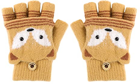 JIAHG Kinder Halbfinger Handschuhe Fingerlose Fäustlinge Mädchen Winter Cartoon Fingerhandschuhe Strickhandschuhe Thermohandschuhe mit Klappe (Fuchs Beige)