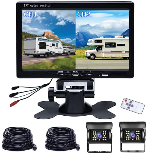 Hikity Dual Rückfahrkamera Set 7 Zoll Monitor für Wohnmobil LKW Van 12-35V | Nachtsicht Rückfahrkamera IP69 Wasserdicht 170° Weitwinkel Parkleitlinien Einfache Installation Kamera Set für Anhänger