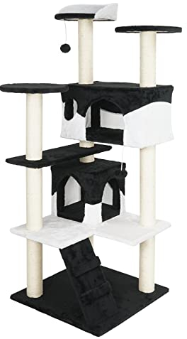 Wiltec Arbre à Chat - 130 cm de Haut - Design ludique avec Balles de Jeu - Meuble grattage Escalade félin Peluche - Couleur Noir-Blanc - avec Maisonnettes, sisal et Plate-Forme