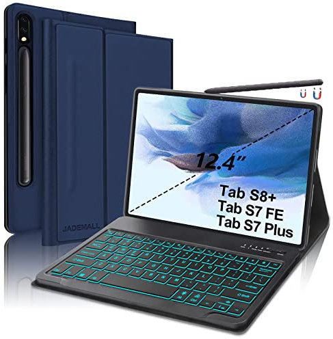 Funda con Teclado para Samsung Galaxy Tab S7 FE / S7 Plus / S8+ / S8 Plus 12.4'', Teclado Bluetooth 7 Colores Retroiluminada Español Ñ Funda con Teclado,Teclado Desmontable para SM-T970/T975/T976/T978