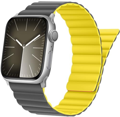 Tasikar Compatible avec Bracelet Apple Watch 49mm 46mm 45mm 44mm 42mm, Bracelet de Silicone avec Fermeture Magnétique pour iWatch Ultra SE Séries 10 9 8 7 6 5 4 3 2 1 (Jaune-Gris)