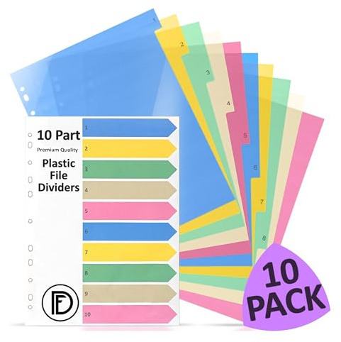 DocFeedz 10 delar plastfildelare A4 med indexpapperspaket med 10 – pastellfärgade mappdelare A4 med förstansade hål – ringpärmdelare för hem, skola och professionell användning