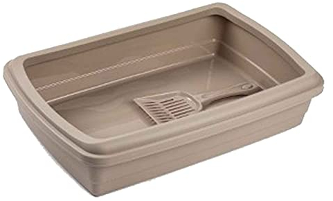 AC - Arenero para Gatos con Pala - Bandeja higiénica de plástico con Borde Superior extraíble - Gatera, Caja Arena Sanitaria - 47 x 31 x 11 cm - Color Marrón