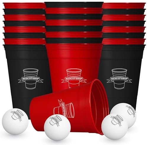 RedCupShop® Beer Pong Becher Hartplastik Set | 24 Becher (Rot & Schwarz) + 6 Bälle | Spülmaschinenfest, BPA-frei, Mehrweg, Made in Germany | Premium Beer Pong Cups