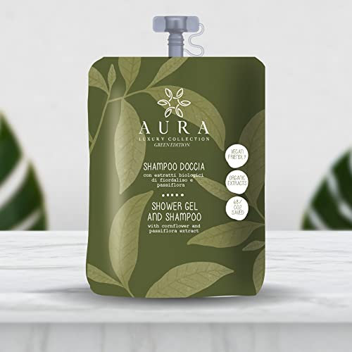 Aura Luxury Collection ® Green Edition Kit cortesia bagno per hotel e b&b 50 bustine stand-up con tappo 30 ml shampoo doccia delicato con estratti biologici di fiordaliso e passiflora