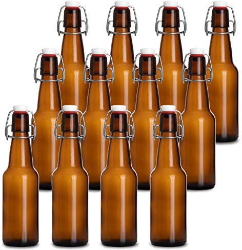 Barcaloo Bierflaschen aus Bernsteinglas, 340 ml, zum Brauen zu Hause, 12 Stück, mit Klappverschlüssen für Bier- und Weinabfüllung – Familienbetrieb