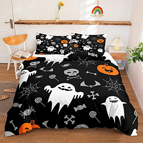 Chanyuan Bettwäsche Halloween 155x220cm Kürbis Laterne Geist Schläger Muster für Kinder Jungen Mädchen Weich Mikrofaser Schwarz Bettbezug mit Reißverschluss und Kissenbezug 80x80cm