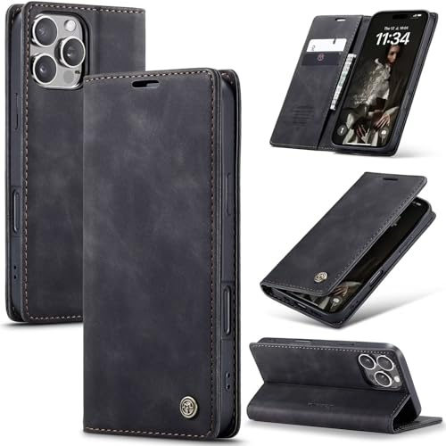 SLWYF Handyhülle für iPhone 14 Pro Hülle Premium Lederhülle Klappbar Flip Case Tasche Magnet Kartenfach Standfunktion Klapphülle Schutzhülle für iPhone 14 Pro, Schwarz