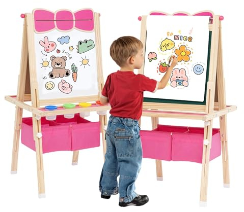 Pizarra Infantil Caballete para Niños Diseño de lazo Pizarra Blanca y Altura Ajustable Tablero de Dibujo de Doble Cara para Niños (Rosa)