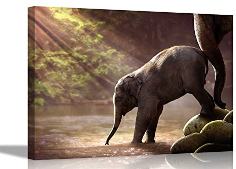 Artley Prints Baby Elefant und Mutter im Wald Leinwanddruck, Tier-Wandkunst, Bilder, Heimbüro-Dekoration, gerahmte Poster, 40 x 30 cm