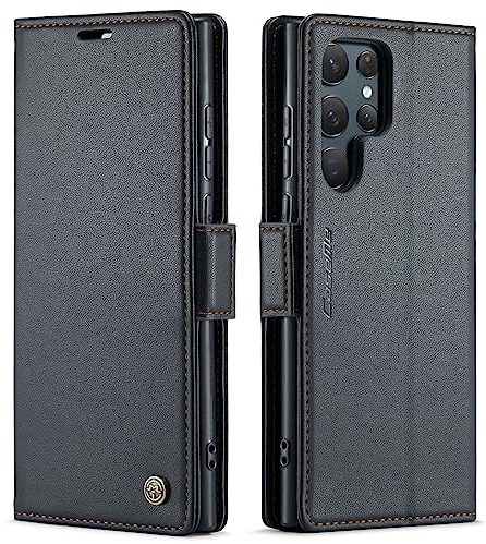 QLTYPRI Hülle für Samsung Galaxy S22 Ultra Handyhülle mit RFID Schutzhülle, Vintage Leder Hülle mit Kartenfach Ständer PU Ledertasche Stoßfeste Flip Wallet Case für Samsung S22 Ultra - Schwarz