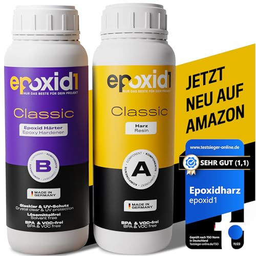 epoxid1® Epoxidharz mit Härter | Classic Resin Gießharz 0,1-1cm | glasklar & blasenfrei | ideal zum Basteln & Gießen von Epoxy Resin Art | Kunstharz Set für Anfänger & Profis | Made in Germany 1.5kg