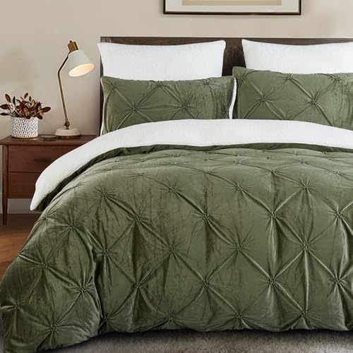 Lanqinglv Flanell Fleece Bettwäsche 135x200 4Teilig Olivgrün Weiß Teddy Biber Winterbettwäsche Plüsch Cashmere Touch Flauschig Sherpa Pintuck Bettbezug mit Reißverschluss und 2 Kissenbezug 80x80cm