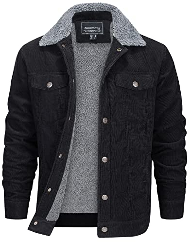 EKLENTSON Corduroy Herrenjacke Warme Herbst Cargojacke Stilvoll Kordjacke Winter Mäntel mit Reverskragen (L, Schwarz)