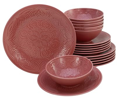 CreaTable, 21630, Série Orient Mandala Rouge, service de vaisselle 18 pièces, ensemble d'assiettes en porcelaine.