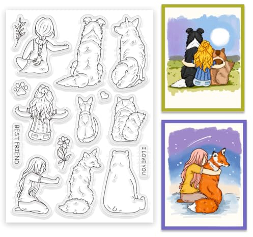 ORIGACH Mädchen und Haustiere klare Stempel für Kartenherstellung Haustiere Transparente Silikonstempel für DIY Scrapbooking und Album Dekorative