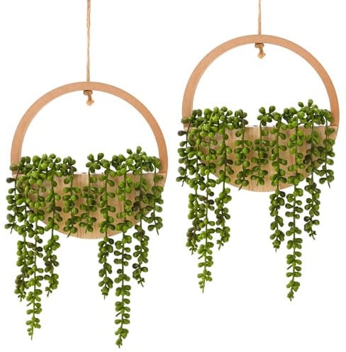 Hobyhoon Plante succulente Artificielle à Suspendre - 30,5 cm - dans Un Pot en Bois - Décoration Murale intérieure et extérieure (Bois, 2 pièces)