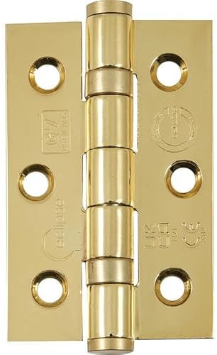 Eclipse Steel Ball Bearing Door Hinges, 3 Inch 75mm, Grade 7 Fire Rated, One Pair & Screws (Polished Brass)