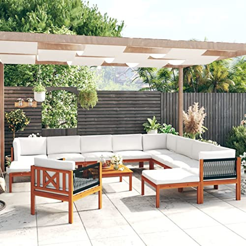 Homgoday Gartenmöbel Set 12-TLG. Lounge Sofa Balkonmöbel Sofa Bank Gartenset Sitzgarnitur Mittelsofa Ecksofa Garten Sitzgruppe Gartenmöbel mit Kissen Cremeweiß Massivholz Akazie