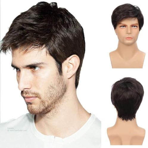 Siudus Herren Schwarze Kurze Perücke Gerade Schichtes Seitenteil Natürliche Haar Perücke Synthetische Faser Kerl Männliche Perücken für Tägliche Cosplay Kostüm Verwendung