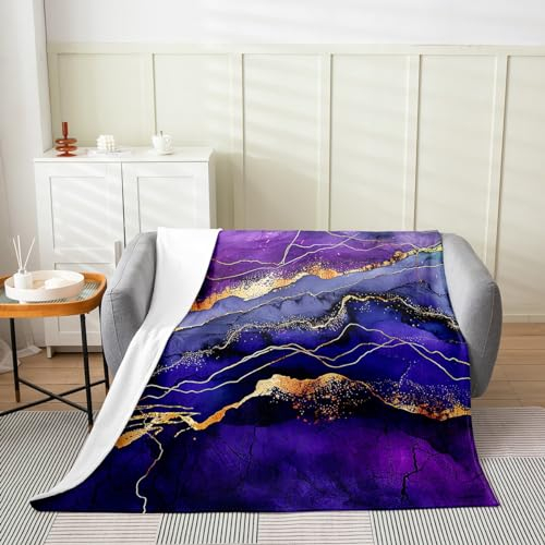 Homewish Lila Marmor 130x150 (LxB) Werfen Decke für Erwachsene Teens, Marmor Textur Fleece Decke, Moderne Ästhetik Art Stil Decke, Goldene Stein Muster Bett Decke für Schlafsofa Couch, Luxus