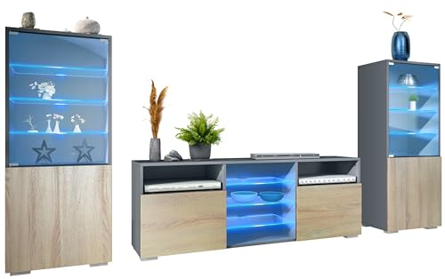 Vladon Wohnwand Granada, Anbauwand bestehend aus 2 Vitrinen und 1 TV-Board, Anthrazit matt/Eiche sägerau inkl. LED-Beleuchtung (286 x 122,5 x 35 cm)