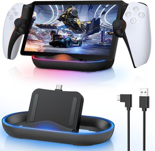 FASTSNAIL Soporte de carga para reproductor remoto PS Portal, estación de carga portátil con 14 modos de luz RGB y cable tipo C, accesorios de soporte de base de carga para consola portal PlayStation