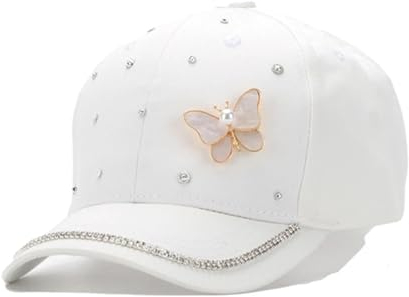 YUEZHAN Herren Kappe Hut Kopf Breite Mit Schmelz-Schmetterlings-Baseball Kappe Für Jungen Mädchen Im Freien Funkel Gürtel Bohrhut S(Max54Cm) Weiß