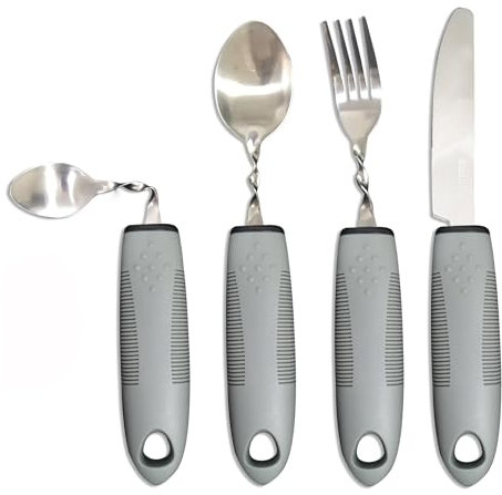 Besteck fuer Parkinson Behinderte Senioren - Hilfsmittel Set mit Loeffel Messer Gabel für Arthrose Rheuma Behinderten Menschen, Gebogen Verdickt Griff Biegsam丨Grau