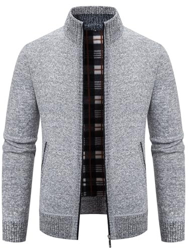 TebYIA Herren Cardigan Pullover mit Feinem Strick Full Zip Stehkragen Regular Fit Fleece Pullover Jacket mit Taschen