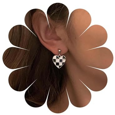 Cimenexe Punk Karierte Herz Ohrringe Emaillierte Karierte Herz Ohrringe Kleine Herz Ohrstecker Ohrringe Schwarz Und Weiß Karierte Herz Ohrringe Schmuck Für Frauen Geschenke