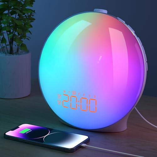 MRDEER Lichtwecker, Tageslichtwecker, Sonnenaufgang Sonnenuntergang Simulation Wake Up Light, mit 18 Farblicht, 20 Helligkeit, Schlummerfunktion, 7 Natürlichen Klängen und UKW-Radio