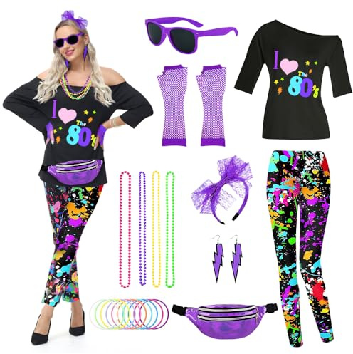 TOLOYE 80s Fancy Dress Costume for Women with Neon Accessories - T Shirt, Pantalon, Fanny Pack for Disco Carnival Party - Vintage Hippie Style
