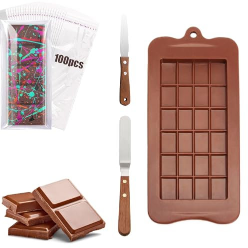 Luckwaii Moule Silicone Tablette de Chocolat Profond Antiadhésifs, Moule Tablette Chocolat avec 2 Spatule Patisserie et 100 Sachet Transparent Bonbon pour Faire du Chocolat Gelée, Barres énergétiques