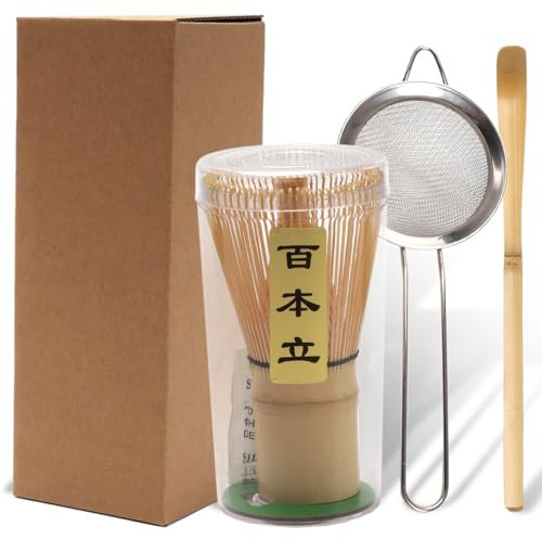 3PCS Matcha Tea Whisk Set, Tea Steeper Stirring Matcha Kits, Handmade Matcha Whisk (Chasen), Matcha Scoop,Stainless Steel Sifter