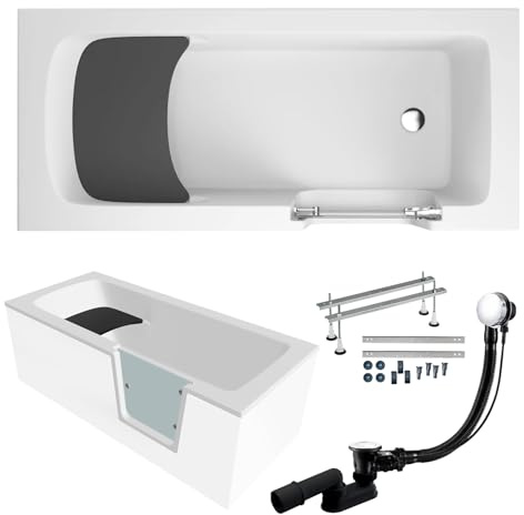 BADLAND Premium SET 5in1 Badewanne Rechteck Acryl Weiß Wanne, Seniorenbadewanne mit Glastür und Holzsitz AVO 160x75 cm, Rechts, Made in EU, mit Ablaufgarnitur und Füßen
