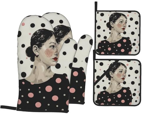 Topfhandschuhe & Topflappen mit Punktemuster, 4 Stück, rutschfeste Grillhandschuhe und Topflappen für Küche, Kochen, Backen, Grillen