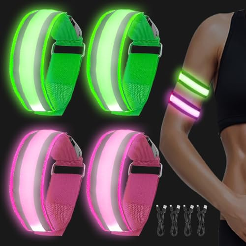 GAOUTO 4 Stück LED Armband Aufladbar, USB Reflective LED Armbänder, Nylon Reflektorband Leuchtarmband Kinder Leuchtbänder Blinkende Nacht Sicherheits Licht für Joggen Laufen Running Sports