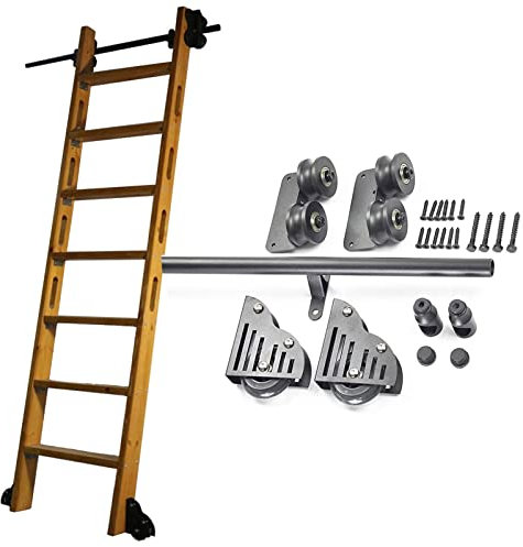 Rolling Ladder Hardware Library | Sliding Barn Door Kit for Bookshelf Home Office, Round Tube Mobile Ladder Tracks/Rail with Floor Roller Wheels (Size : 6.6ft/200cm Track Kit)