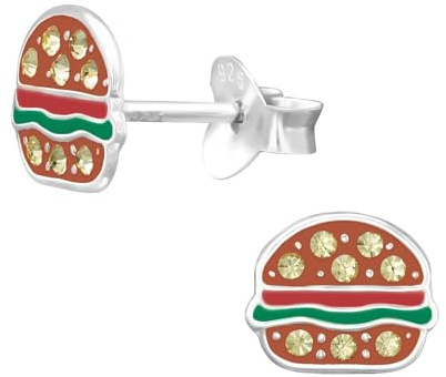 Monkimau Burger Kinder Ohrringe | 925 Silber | Mädchen Ohrstecker Schmuck | Hypoallergen & Nickelfrei | Kinderohrringe Geschenkidee