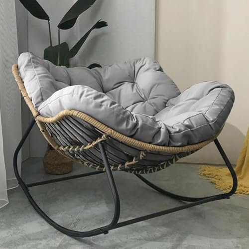 Papasan mecedora para patio al aire libre con cojín acolchado, silla de mimbre de ratán de gran tamaño para interiores, con marco de metal, soporte grande, silla moderna (gris claro)