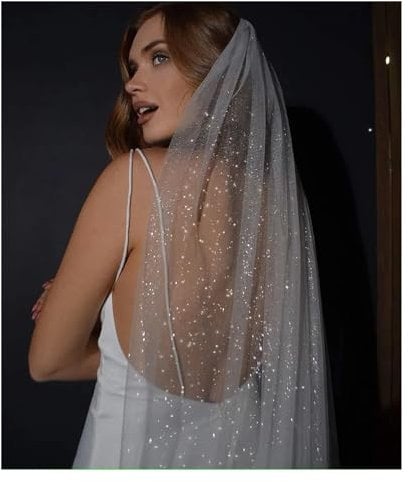 LYHYDMA Brautschleier Funkelnde Brautschleier Lange goldene Braut Hochzeitsschleier Farbiges Garn mit Pailletten(White,75cm)